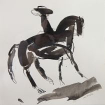JULIA MIDGLEY (20th century) PEN & INK ON PAPER Quixotic study of a horse and rider ‘Black Horse