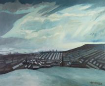 ROGER HAMPSON (1925 - 1996) OIL PAINTING ON BOARD Accrington in Winter, a panoramic view with snow