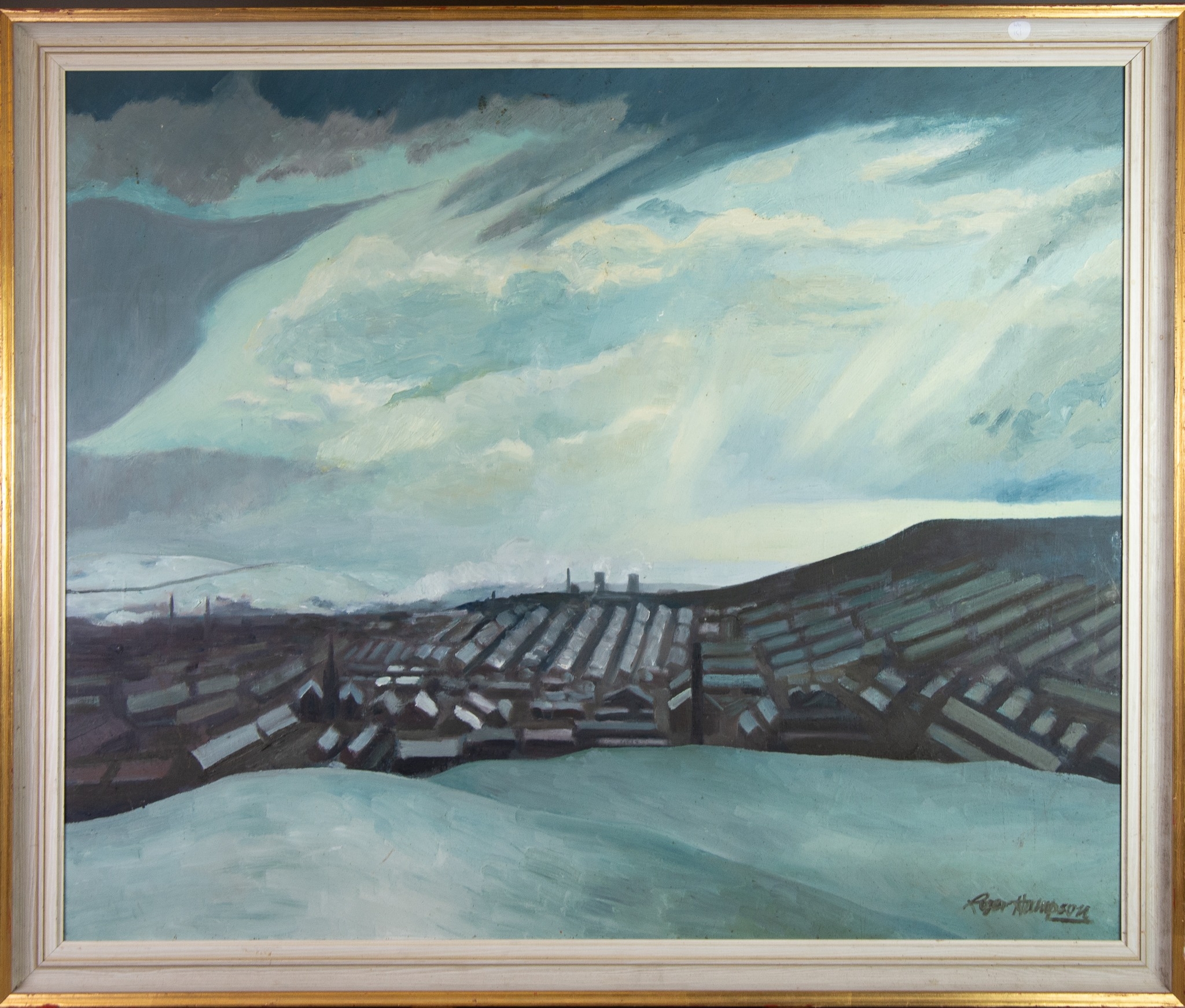 ROGER HAMPSON (1925 - 1996) OIL PAINTING ON BOARD Accrington in Winter, a panoramic view with snow - Image 2 of 2