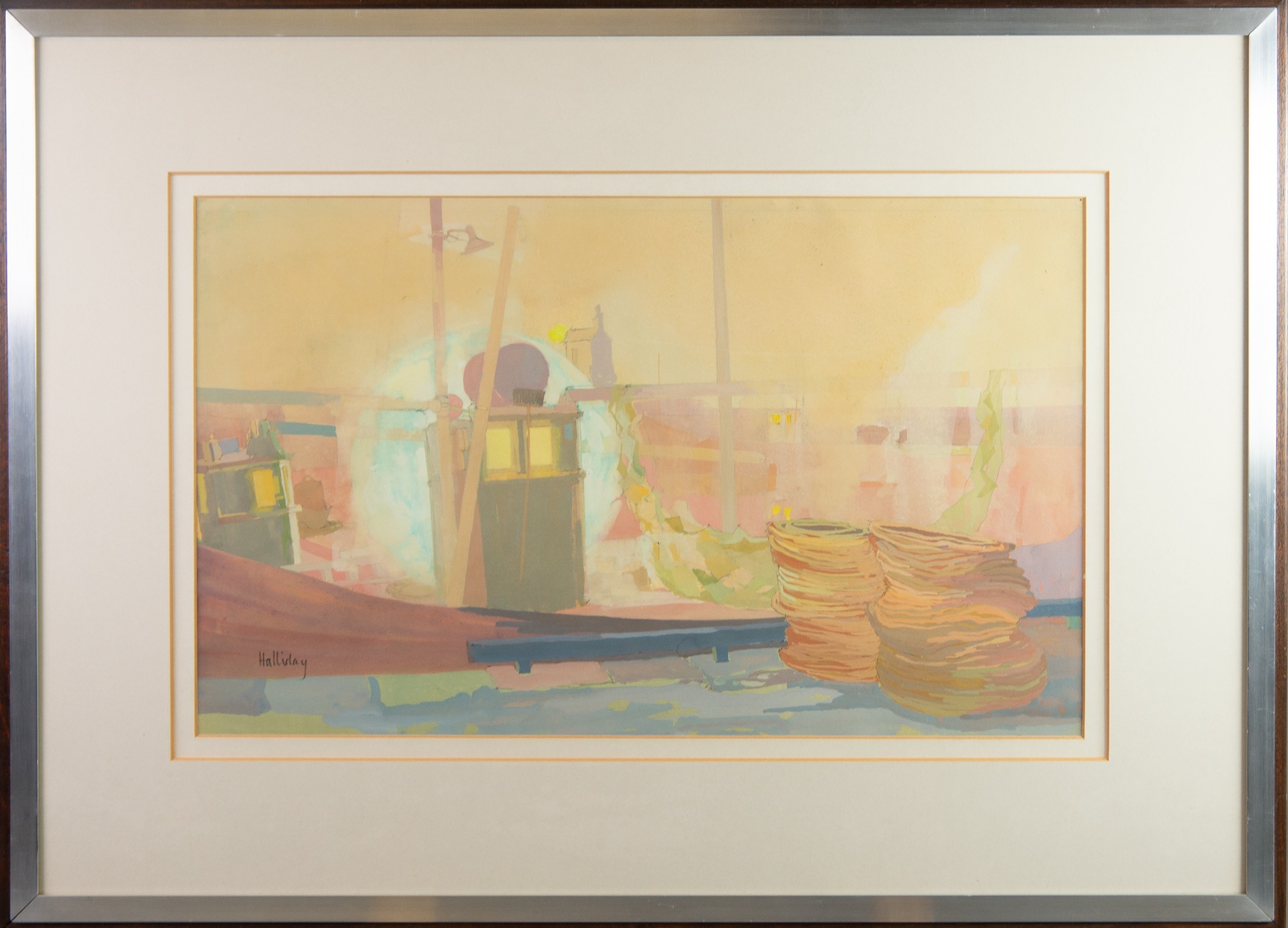 IRENE HALLIDAY (1931-2023) GOUACHE ON TINTED PAPER 'Green Harbour Mist' (Arbroath) Signed lower - Image 2 of 3