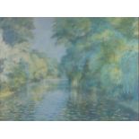 BOB RICHARDSON (1938) PASTEL Tree lined riverscape Signed 18” x 24” (45.8cm x 61cm)