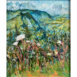 ALBERT B. OGDEN (1928 - 2022) OIL PAINTING ON CANVAS Austrian Meadow Flowers and Mountains Signed