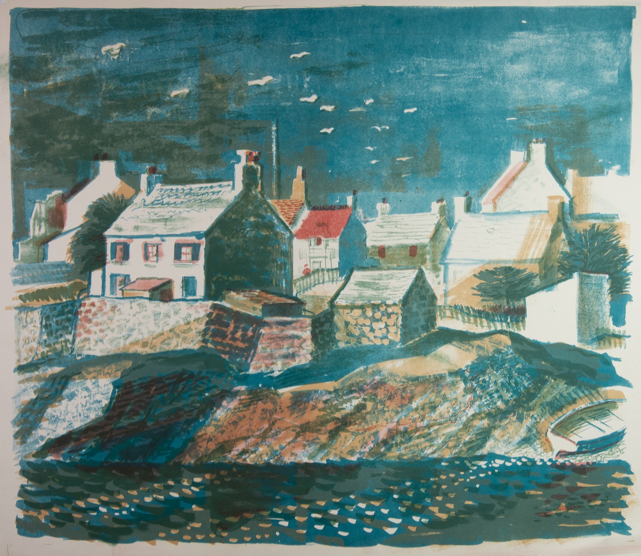 NORMAN C JAQUES (1926-2014) ORIGINAL COLOURED LITHOGRAPH 'Moelfre Bay' cottages and beached boats - Image 2 of 2