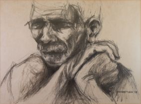 DAVID STEFAN PRZEPIORA (1944) GRAPHITE Shoulder length portrait of an elderly man clasping his hands