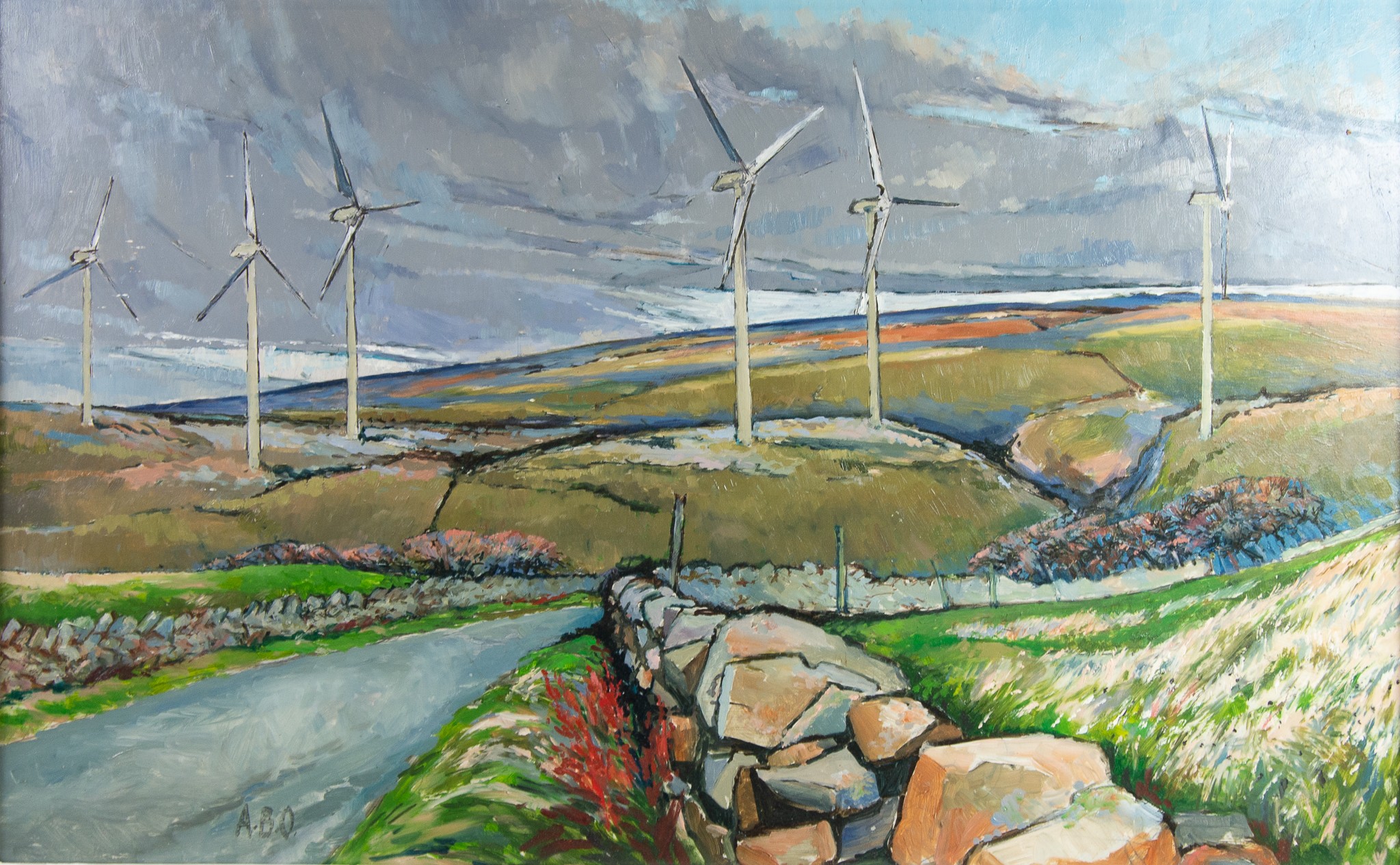 ALBERT B. OGDEN (1928 - 2022) OIL PAINTING ON BOARD Wind Farm, Caton Moor Signed with initials A.O.