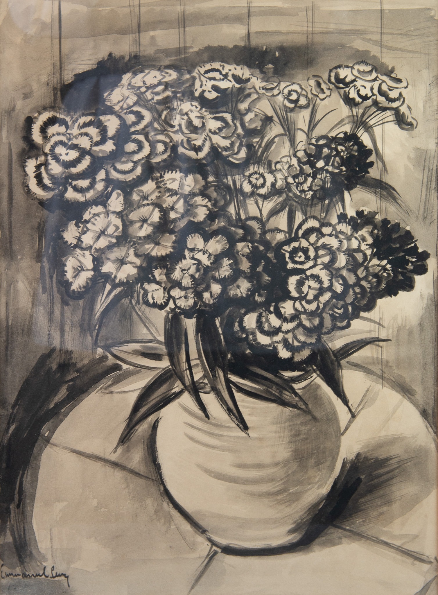 EMMANUEL LEVY (1900-1986) MONOCHROME WATERCOLOUR ON PAPER IN SHADES OF BLACK ‘Vase of Pansies’ on - Image 2 of 2
