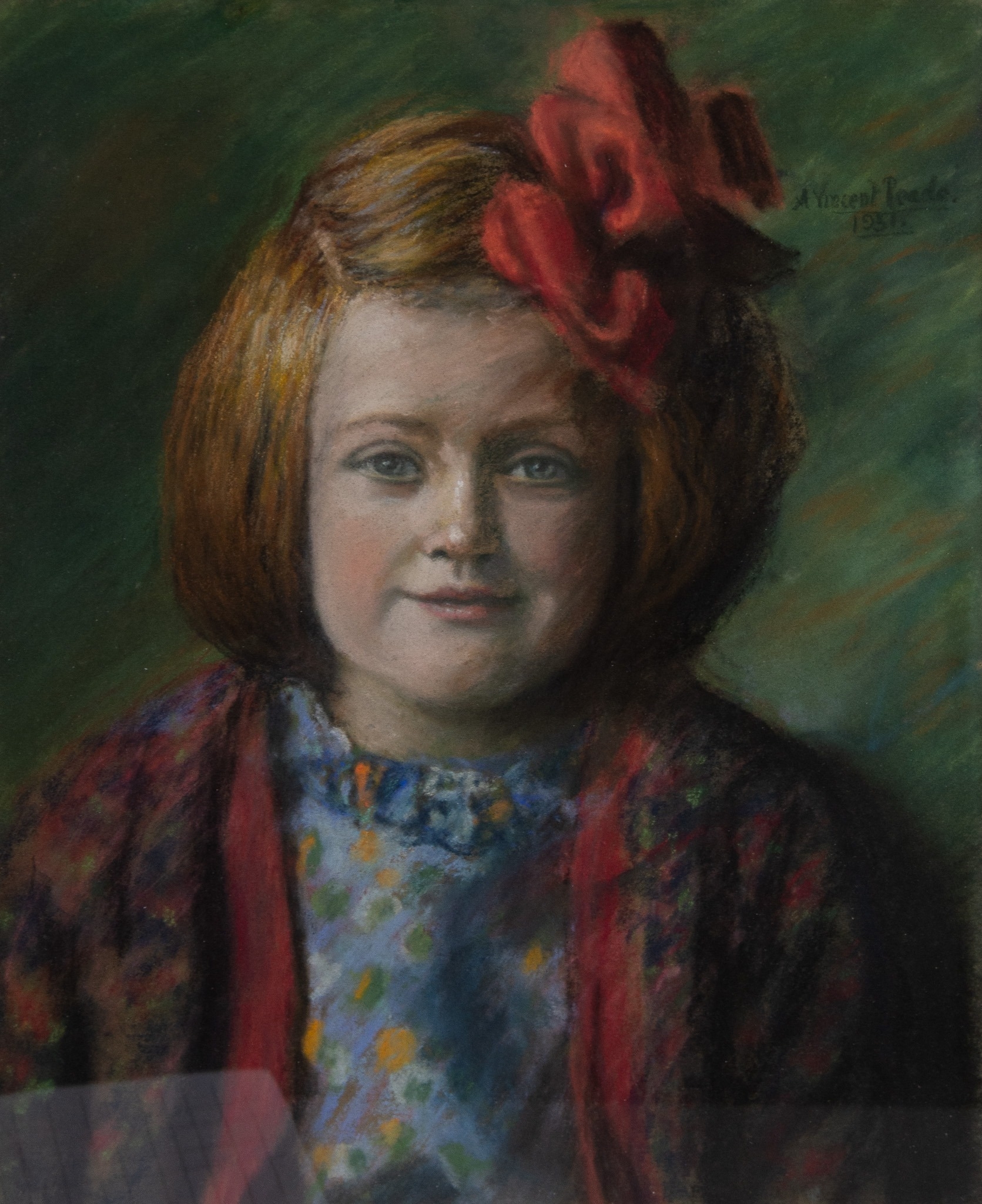 ALBERT VINCENT READE (1864-1940) PASTEL Bust length portrait of a young girl with a red bow in her
