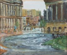 SONYA RATCLIFFE (1939-2019) OIL PAINTING ON BOARD Town square with lake Signed lower right 5 1/2"