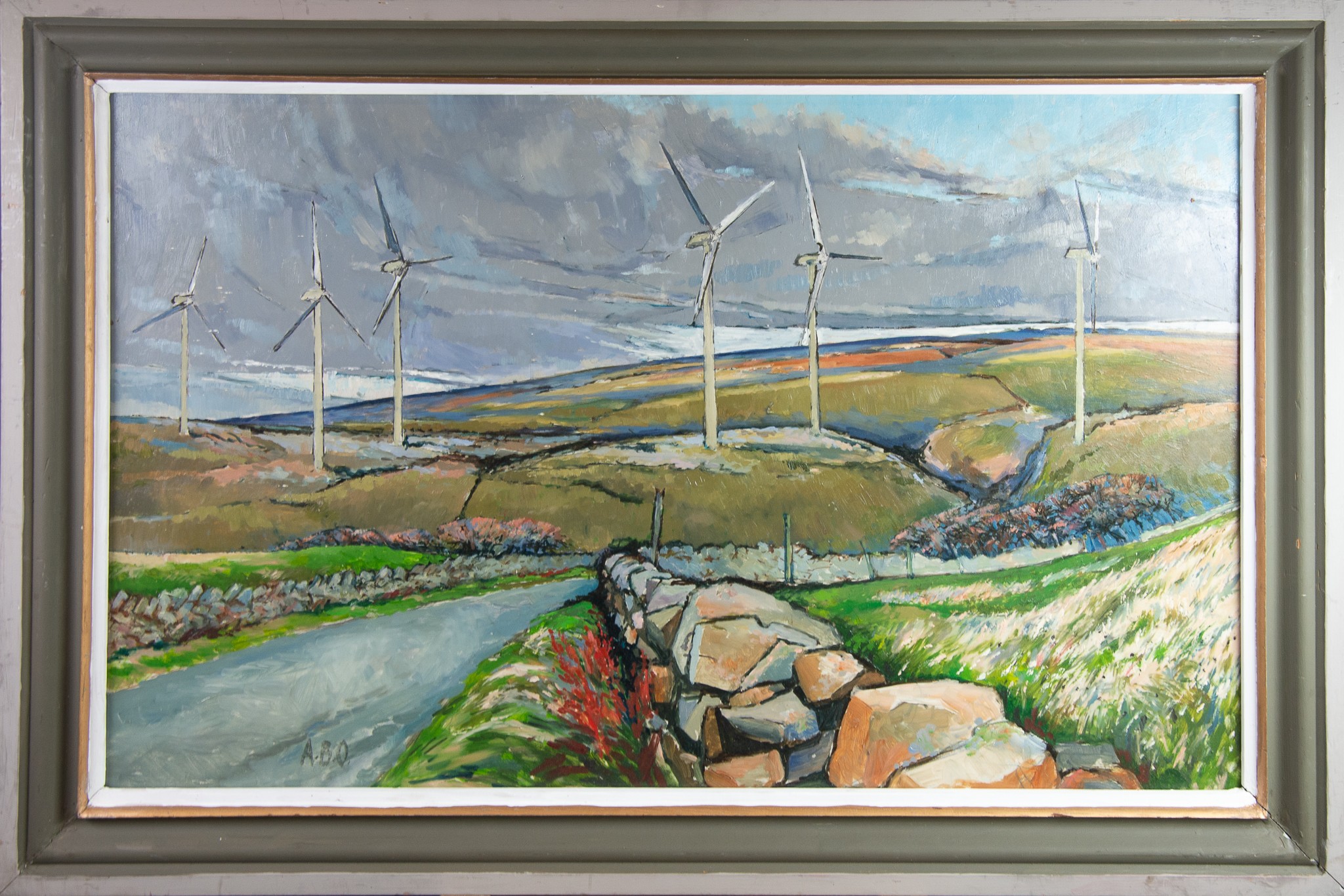 ALBERT B. OGDEN (1928 - 2022) OIL PAINTING ON BOARD Wind Farm, Caton Moor Signed with initials A.O. - Image 2 of 2