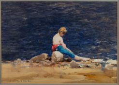 ROBERT (BOB) LITTLEFORD F R S A (1945-2023) WATERCOLOUR A boy sat on rocky shoreline Signed & dated
