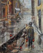 E.W. FINLEY {Ted Finley} (1907-1979) OIL ON BOARD ‘Street Up’ of a workman putting out lamps for