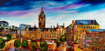 ROZANNE BELL (1962) ACRYLIC ON BOARD Albert Square, Manchester Signed 19” x 38 ½” (48.3cm x 97.