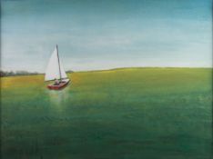 MICHAEL SMIDT (b.1954) OIL ON BOARD ‘Sailing to Greener Pastures’ of a man in a small yacht