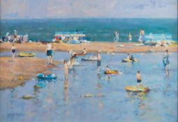 GORDON RADFORD (1936-2015) OIL ON BOARD ‘The Blue Dinghy’, beach scene Signed, titled verso 13 ½”