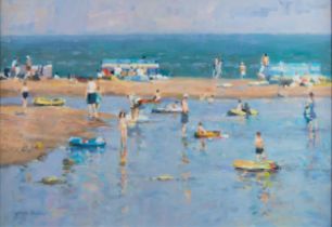 GORDON RADFORD (1936-2015) OIL ON BOARD ‘The Blue Dinghy’, beach scene Signed, titled verso 13 ½”