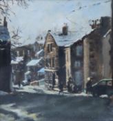 SONYA RATCLIFFE (1939-2019) OIL PAINTING ON BOARD Street scene Delph 'Oldham Under Snow' Signed