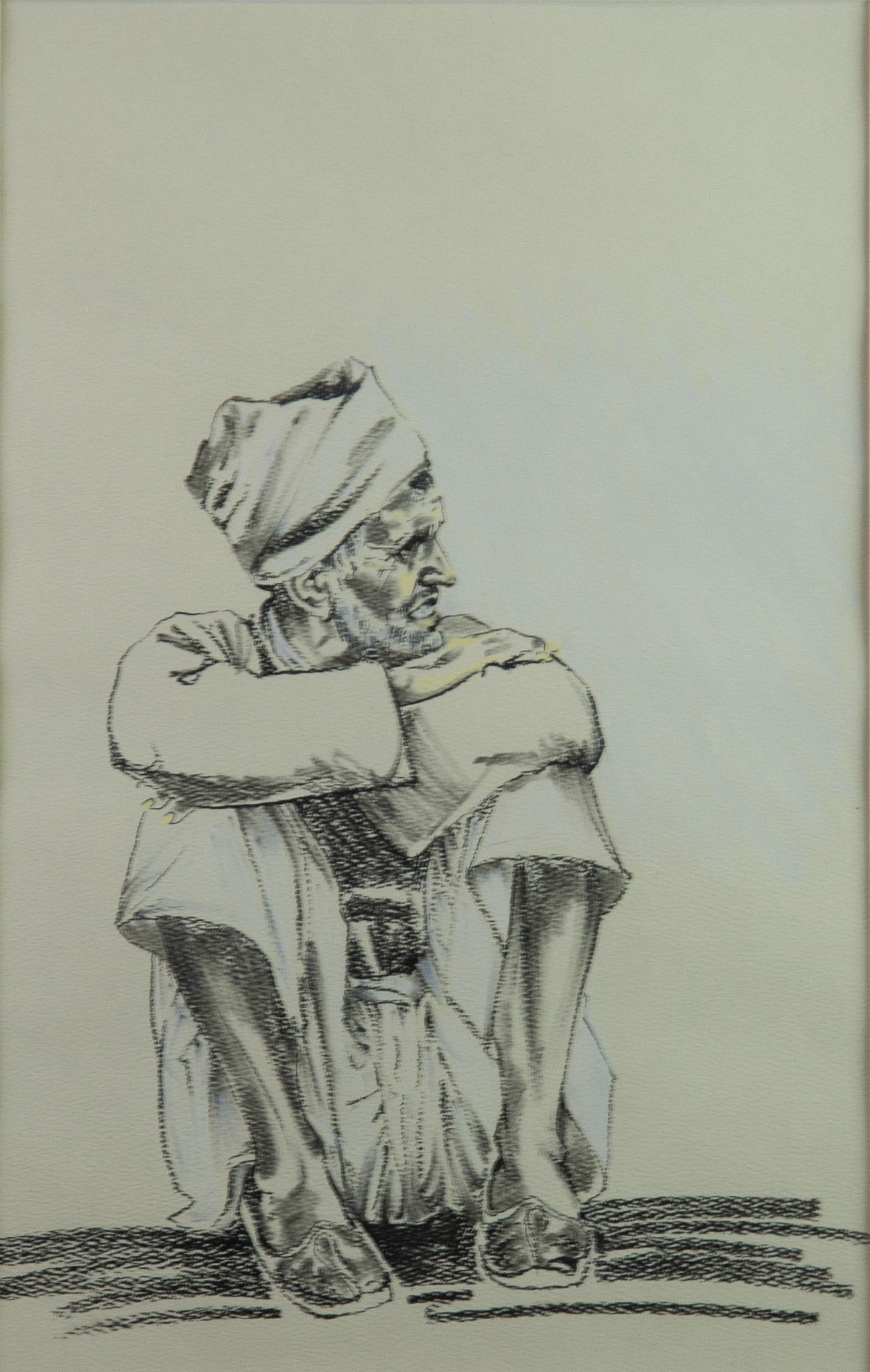 JANE DODDS (20th century) CHARCOAL AND CHALK ON PAPER ‘Seated Man, Jaipur, India’ Title and