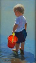 SHEREE VALENTINE DAINES (1959) OIL ON BOARD ‘The Red Bucket’ Signed with initials, titled to gallery