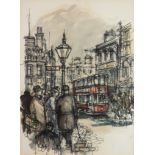 ROGER MURRAY (TWENTIETH CENTURY) PEN AND WASH London Street scene with figures and red bus Signed 12