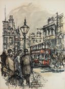 ROGER MURRAY (TWENTIETH CENTURY) PEN AND WASH London Street scene with figures and red bus Signed 12