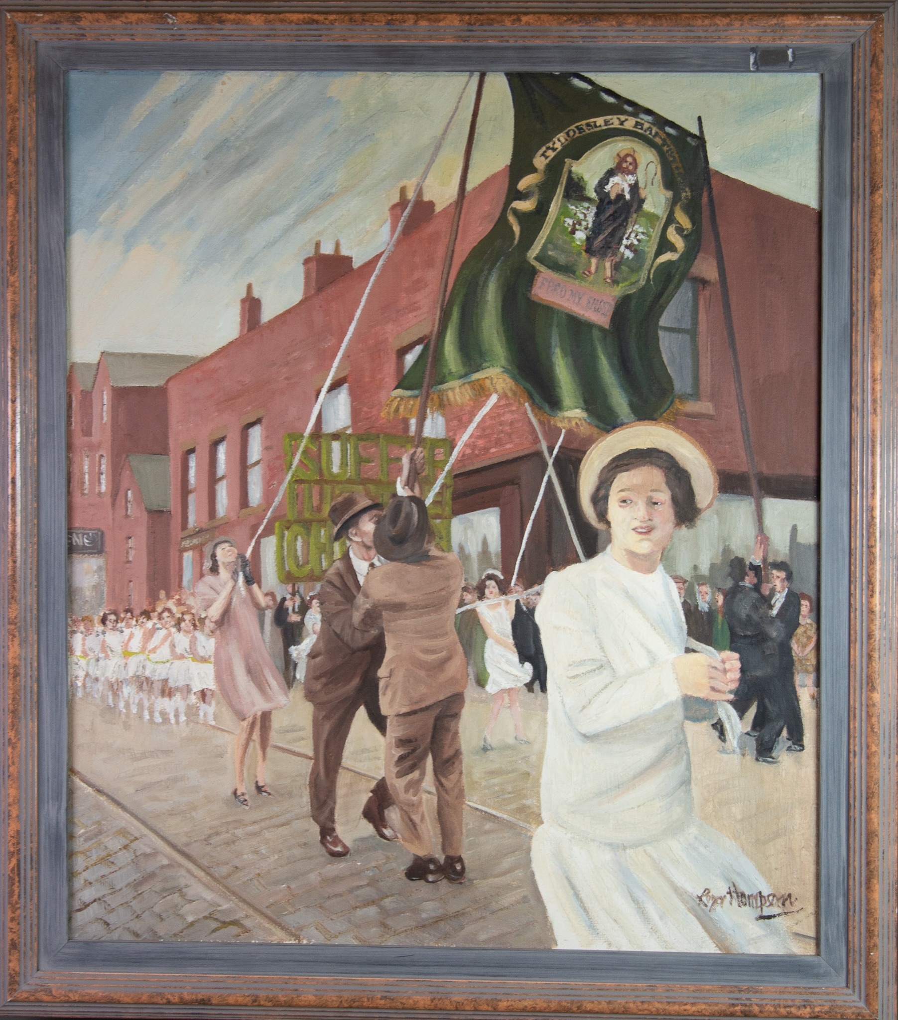 ROGER HAMPSON (1925 - 1996) OIL PAINTING ON CANVAS Walking Day Incident, whit walks with banner - Image 2 of 2