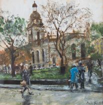 SONYA RATCLIFFE (1939-2019) OIL PAINTING ON BOARD Town Hall building with figures in foreground