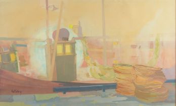 IRENE HALLIDAY (1931-2023) GOUACHE ON TINTED PAPER 'Green Harbour Mist' (Arbroath) Signed lower