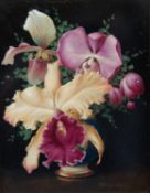 TCHAIKOVSKY (TWENTIETH CENTURY) OIL ON BOARD ‘Orchid’ Signed, tilted to label verso 9 ¼” x 7 ¼” (