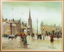 STEVEN SCHOLES (1952) OIL PAINTING Bygone Street scene with tram, horse drawn wagon and hansom