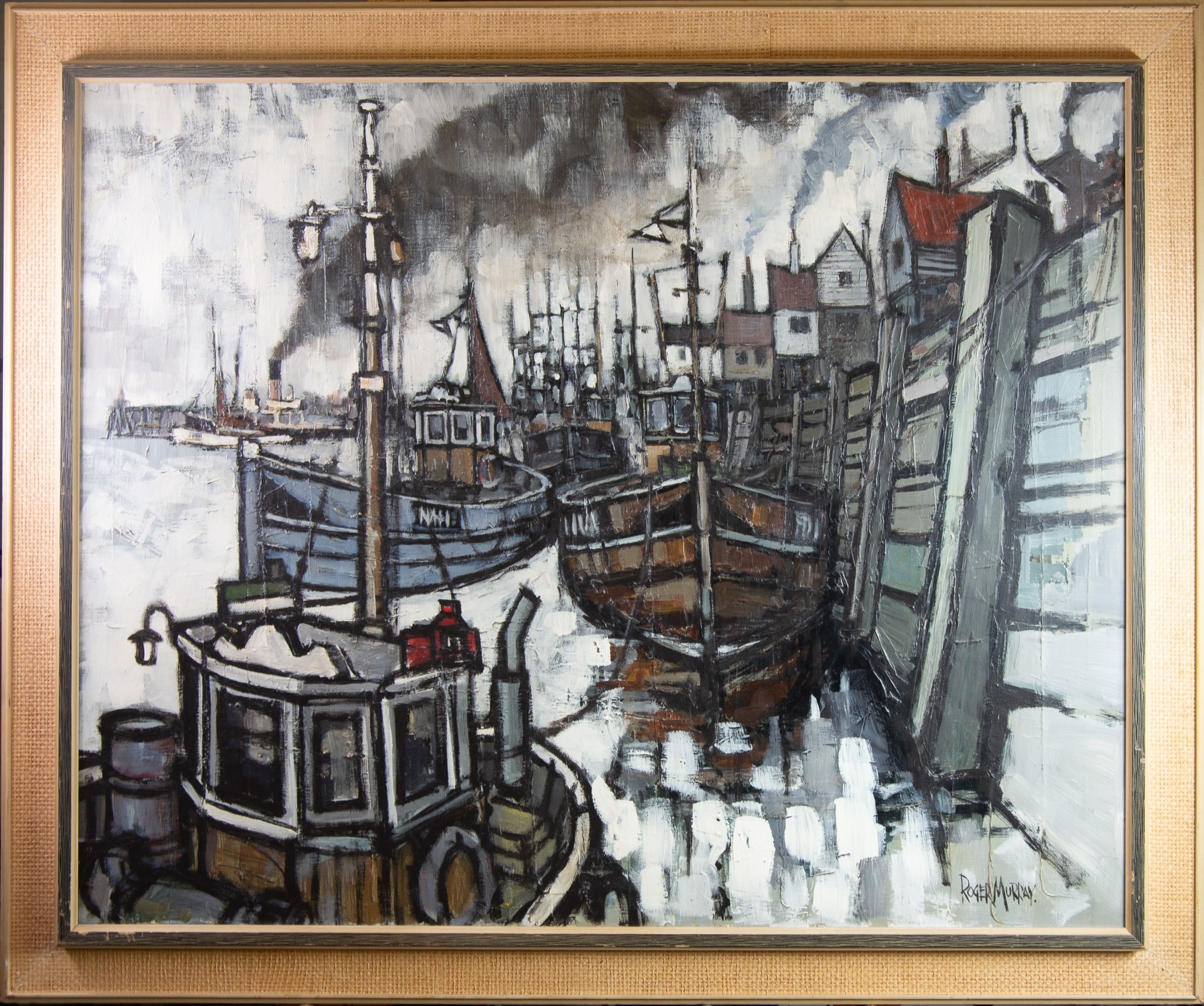 ROGER MURRAY (TWENTIETH CENTURY) OIL ON CANVAS ‘Smoke and Boats at Whitby’ Signed, titled and - Image 2 of 3