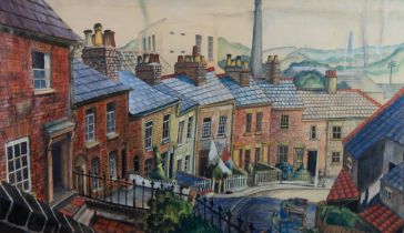 STEVEN LAITHWAITE MIXED MEDIA Paradise Place 1852, Victorian terrace build on a hillside with view