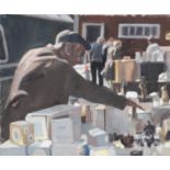 ROGER HAMPSON (1925 - 1996) OIL PAINTING ON CANVAS Setting out Pots, man setting out his market