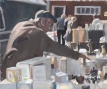 ROGER HAMPSON (1925 - 1996) OIL PAINTING ON CANVAS Setting out Pots, man setting out his market