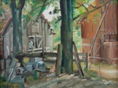 MICHAEL SMIDT (b.1954) OIL ON BOARD ‘Farmyard With Machinery’ 12 ¼” x 16” (31 cm x 40.5 cm), framed