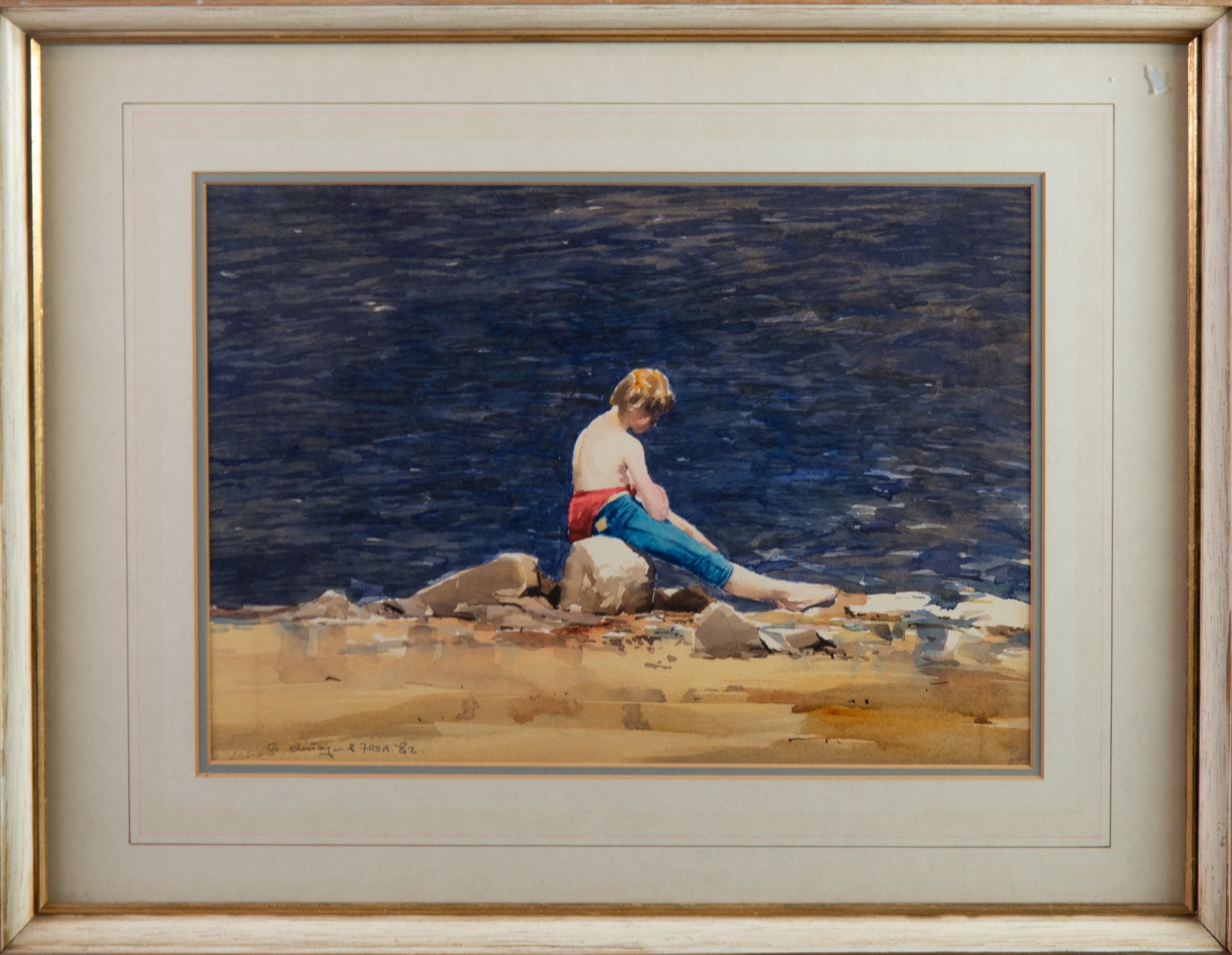 ROBERT (BOB) LITTLEFORD F R S A (1945-2023) WATERCOLOUR A boy sat on rocky shoreline Signed & dated - Image 2 of 3
