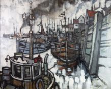 ROGER MURRAY (TWENTIETH CENTURY) OIL ON CANVAS ‘Smoke and Boats at Whitby’ Signed, titled and