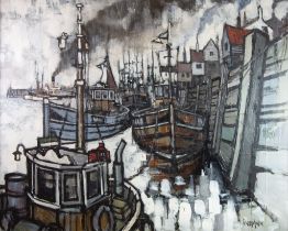ROGER MURRAY (TWENTIETH CENTURY) OIL ON CANVAS ‘Smoke and Boats at Whitby’ Signed, titled and