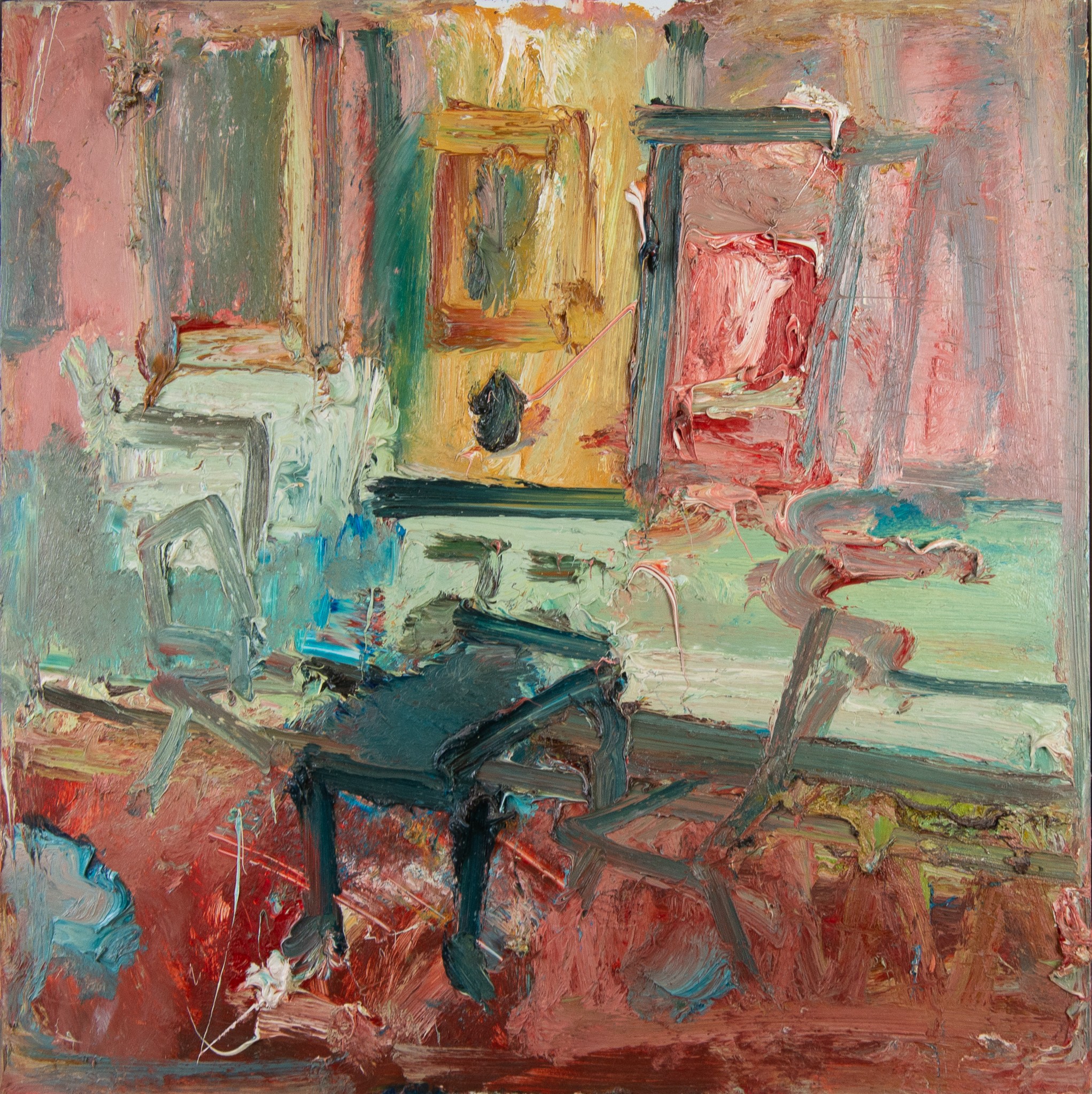 RICHARD FITTON (1990) IMPASTO OIL PAINTING Interior of a reception room 23 2/4in x 23 3/4in (60.5