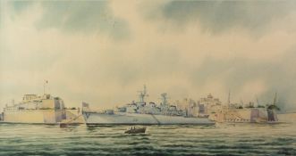 A M GABO (Modern) WATERCOLOUR A British Warship off Valetta Harbour, Malta Signed, inscribed & dated