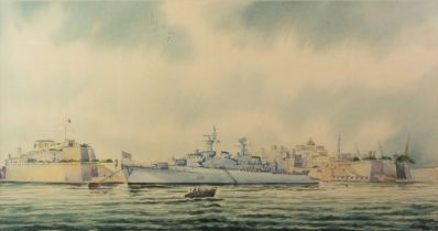 A M GABO (Modern) WATERCOLOUR A British Warship off Valetta Harbour, Malta Signed, inscribed & dated