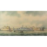 A M GABO (Modern) WATERCOLOUR A British Warship off Valetta Harbour, Malta Signed, inscribed & dated