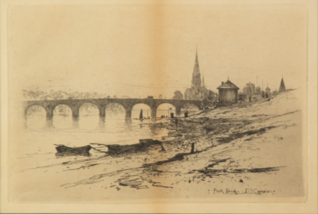 DAVID YOUNG CAMERON (1865-1945) TWO ETCHINGS ‘Perth Bridge’ ‘Arran’ Signed and titled in the plate