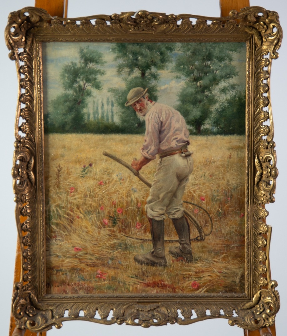 R.H. BROCK LATE 19th CENTURY OIL PAINTING ON CANVAS Field worker scything wheat Signed and dated - Image 2 of 2