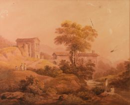 FRANCIS NICHOLSON (1753 – 1844) SEPIA WATERCOLOUR ‘The Temple on the banks of the River Clitumnus’