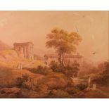 FRANCIS NICHOLSON (1753 – 1844) SEPIA WATERCOLOUR ‘The Temple on the banks of the River Clitumnus’