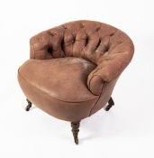 VICTORIAN HOWARD & SONS LOW-BACKED TUB SHAPED EASY CHAIR, with button upholstered low wrap-around