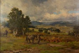 MRS KATE S BRODIE (1853-1913) OIL PAINTING ON CANVAS A view in the Scottish Lowlands with two