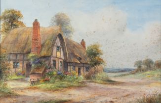 ERNEST POTTER PAIR OF EARLY 20th CENTURY WATERCOLOUR DRAWINGS Rural scenes with thatched cottages