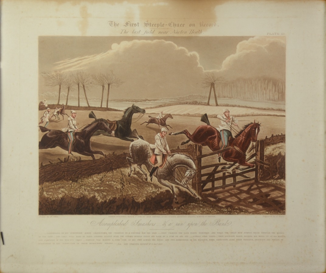 J HARRIS AFTER H ALKEN HAND COLOURED AQUATINTS, THREE 'The First Steeple-Chase on Record', plate