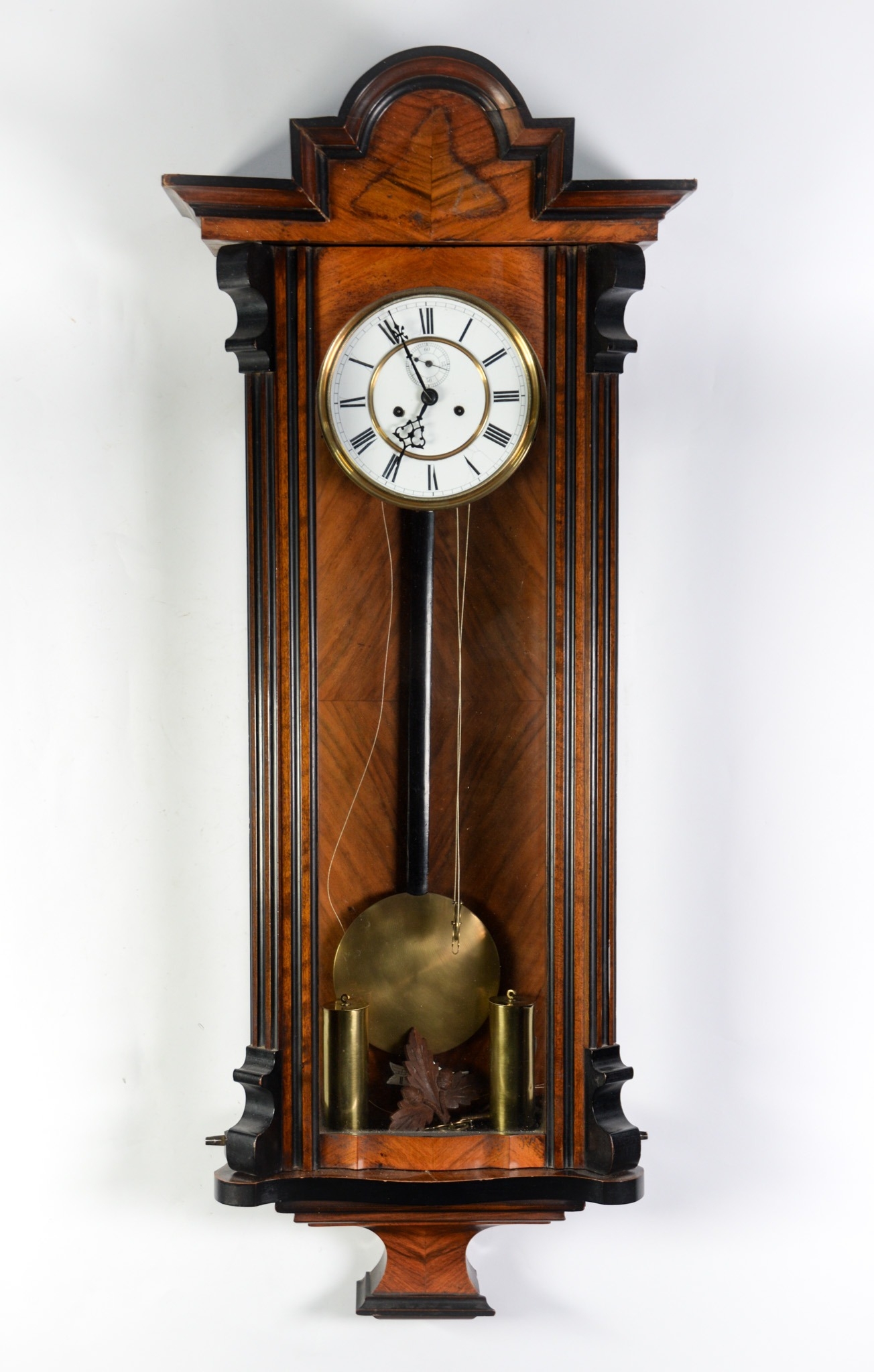 EARLY TWENTIETH CENTURY VIENNA WALL CLOCK IN FIGURED WALNUT AND EBONISED CASE, the 7” two part Roman - Image 2 of 2